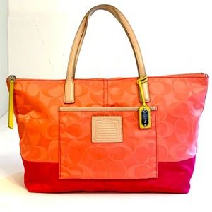 COACH Pink Legacy Weekend Signature Colorblock Nylon Weekender Tote